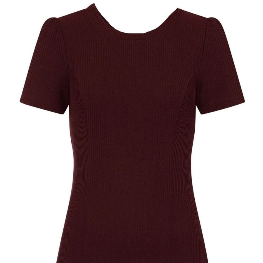 Pretty Kitty Fashion Burgundy Vintage Ribbed Knitted Short Sleeve Top | Tops