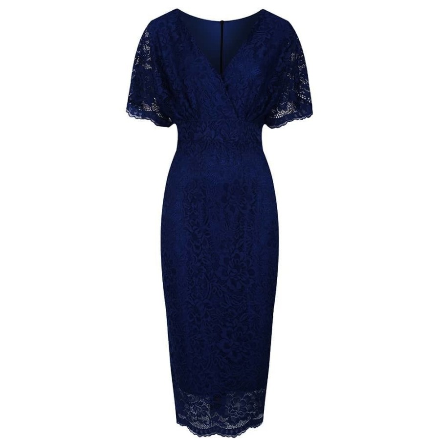 Pretty Kitty Fashion Blue Vintage Lace Detail Bodycon Midi Pencil Dress | Pencil Dresses