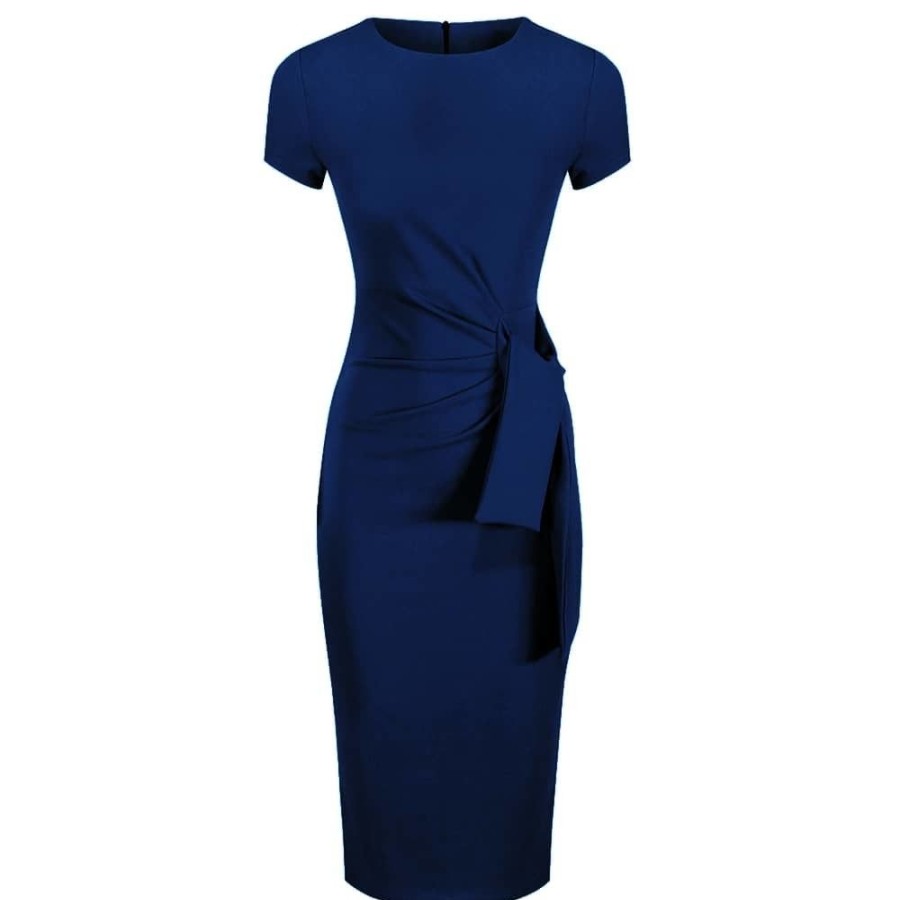 Pretty Kitty Fashion Navy Cap Sleeve Ruched Tie Bodycon Pencil Dress | Party Dresses