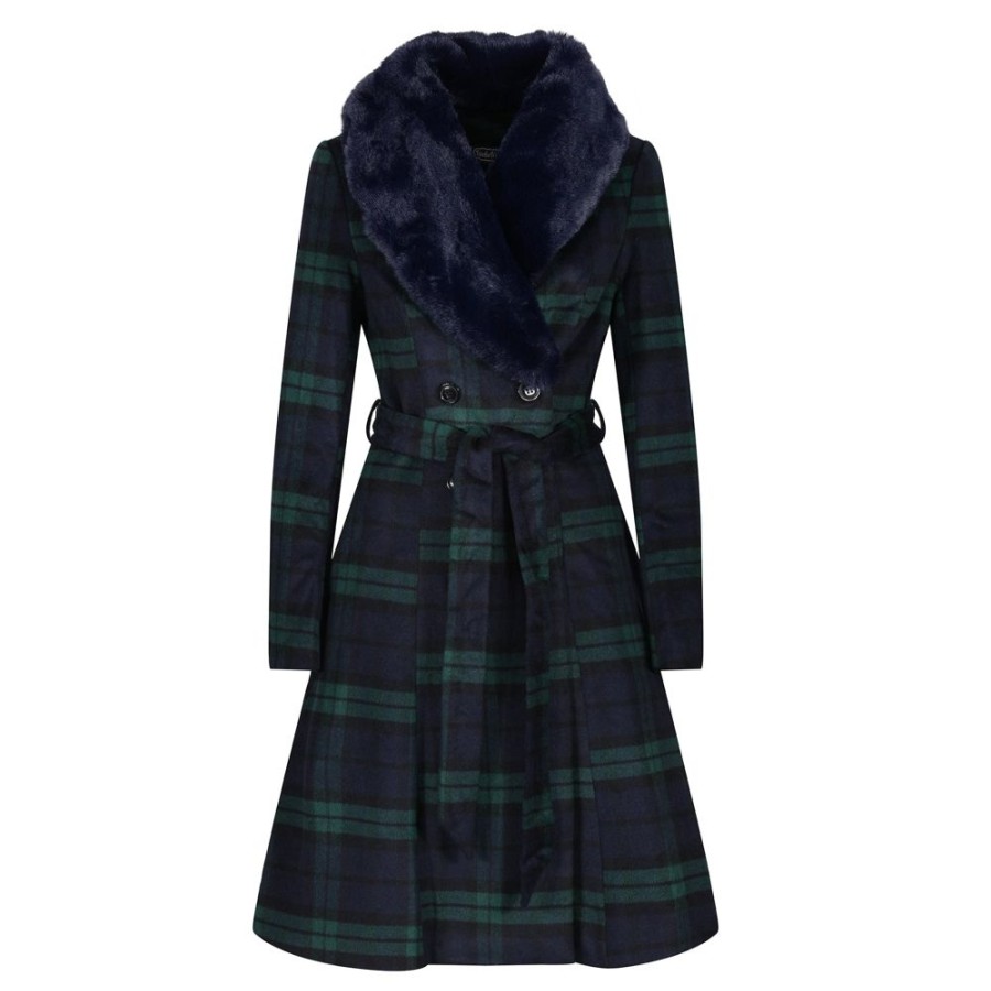 Pretty Kitty Fashion And Navy Tartan Faux Fur Trim Polywool Flare 50S Coat | Jackets & Coats