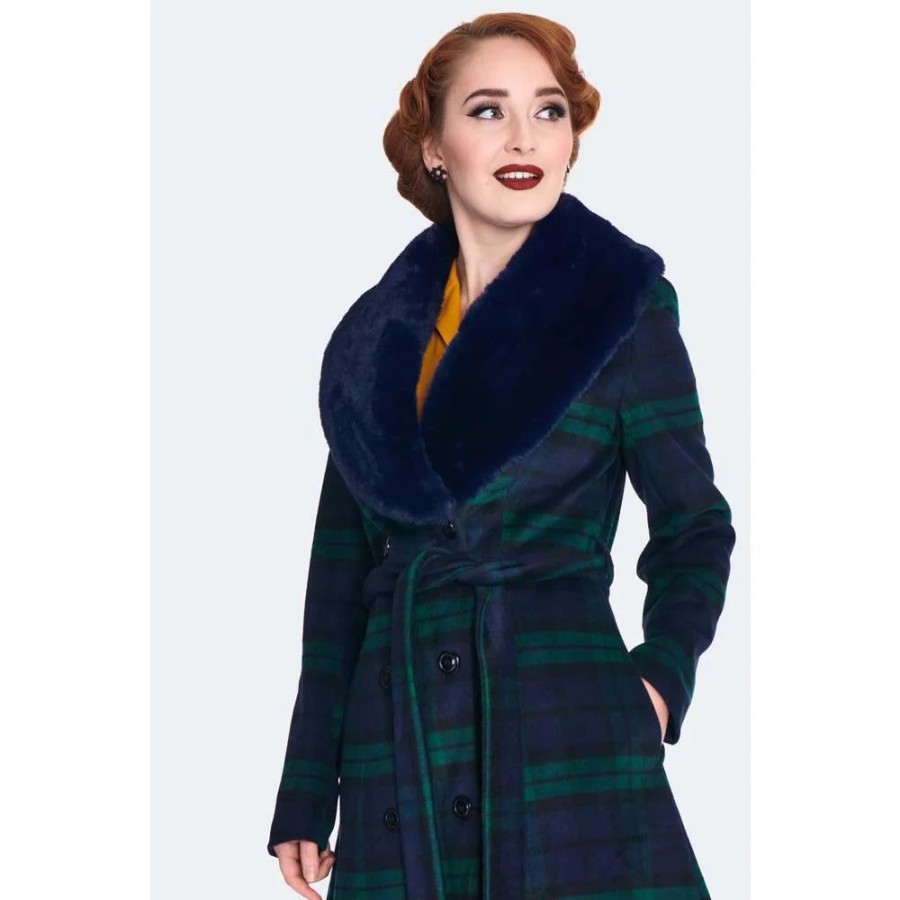 Pretty Kitty Fashion And Navy Tartan Faux Fur Trim Polywool Flare 50S Coat | Jackets & Coats