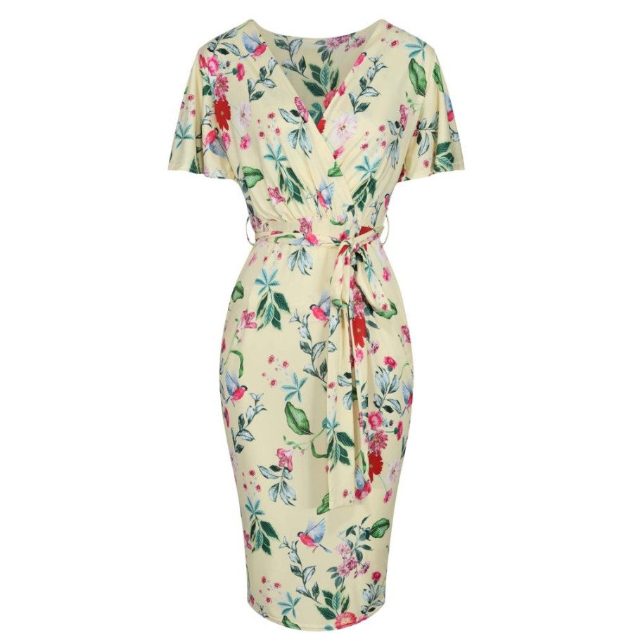 Pretty Kitty Fashion Pale Floral Print Waterfall Sleeve Crossover Pencil Dress | Floral Dresses