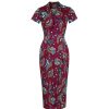 Pretty Kitty Fashion Plum Bird Peacock Floral Print V Neck Wiggle Dress | Pencil Dresses