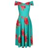 Pretty Kitty Fashion Red Rose Print Bardot 50S Swing Dress | Floral Dresses