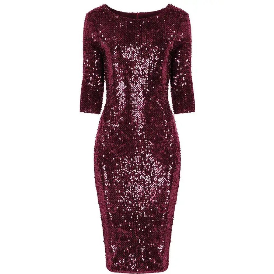 Pretty Kitty Fashion Claret Wine Velour Sequin Wiggle Dress | Wiggle Dresses