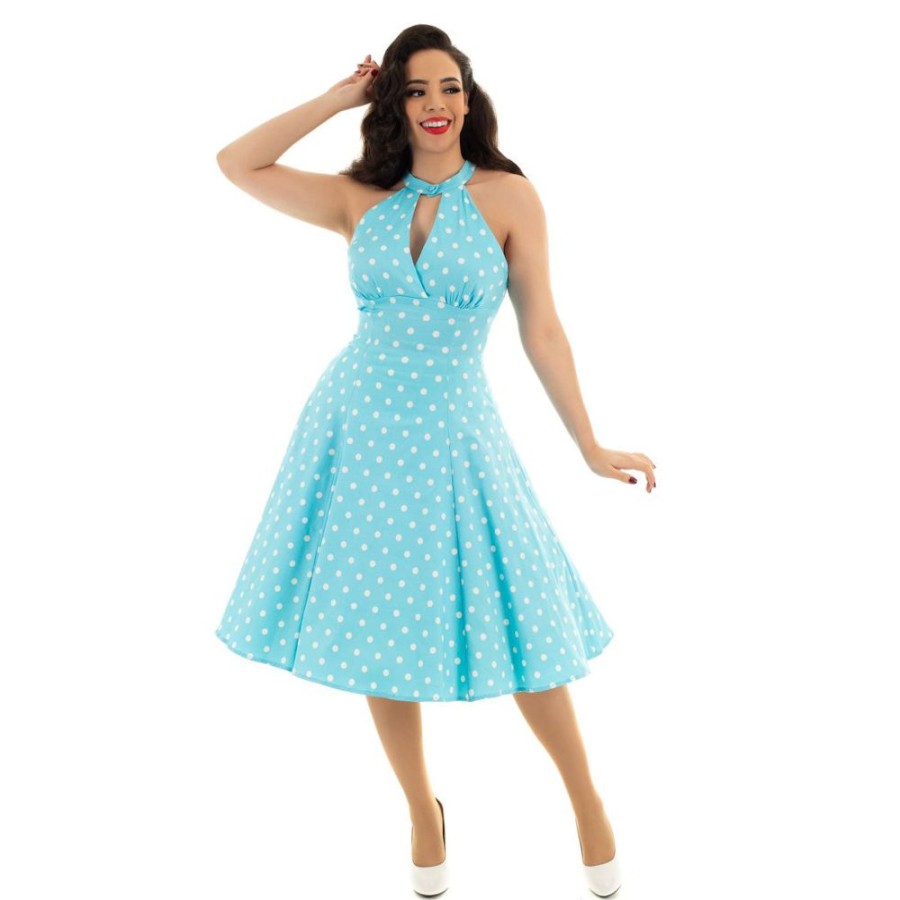 Pretty Kitty Fashion And White Polka Dot Halter Neck 50S Swing Dress | Rockabilly Dresses