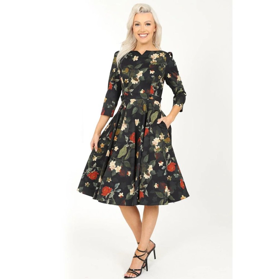 Hearts and Roses Winter Floral Print 3/4 Sleeve Belted 50S Swing Dress With Pockets | 50S Swing Dresses