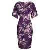 Pretty Kitty Fashion Aubergine Floral Half Batwing Sleeve Crossover Top Pencil Dress | Floral Dresses