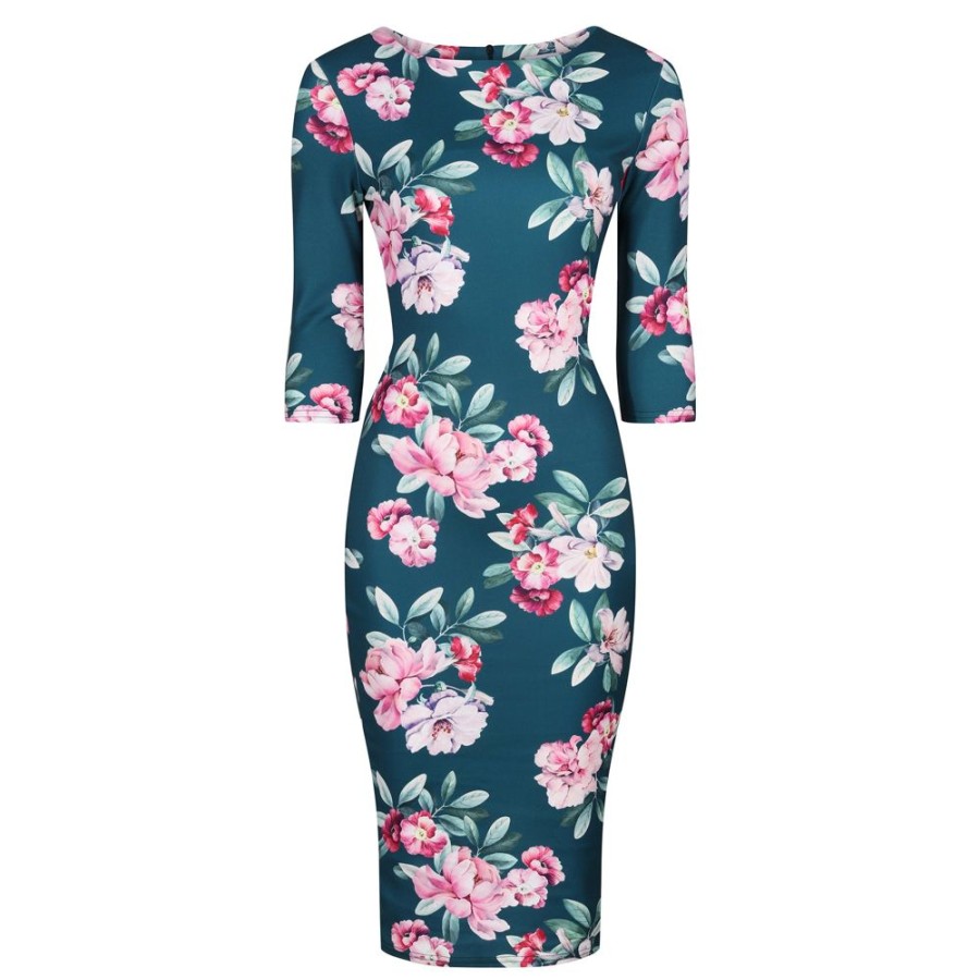 Pretty Kitty Fashion Green And Pink Floral 3/4 Sleeve Bodycon Pencil Wiggle Dress | Floral Dresses