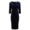 Pretty Kitty Fashion Blue Velour Deep V 3/4 Sleeve Bodycon Ruched Waist Wiggle Dress | Velour Dresses