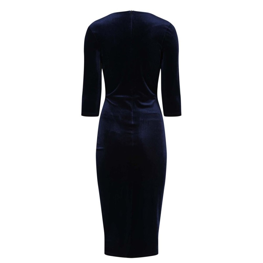 Pretty Kitty Fashion Blue Velour Deep V 3/4 Sleeve Bodycon Ruched Waist Wiggle Dress | Velour Dresses