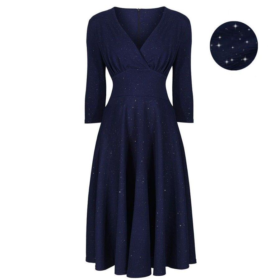 Pretty Kitty Fashion Navy Silver Glitter Vintage A Line Crossover 3/4 Sleeve Tea Swing | Party Dresses