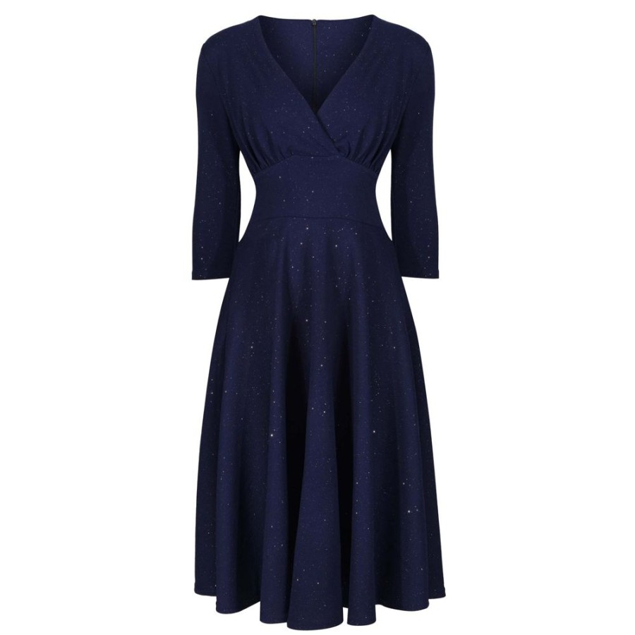 Pretty Kitty Fashion Navy Silver Glitter Vintage A Line Crossover 3/4 Sleeve Tea Swing | Party Dresses