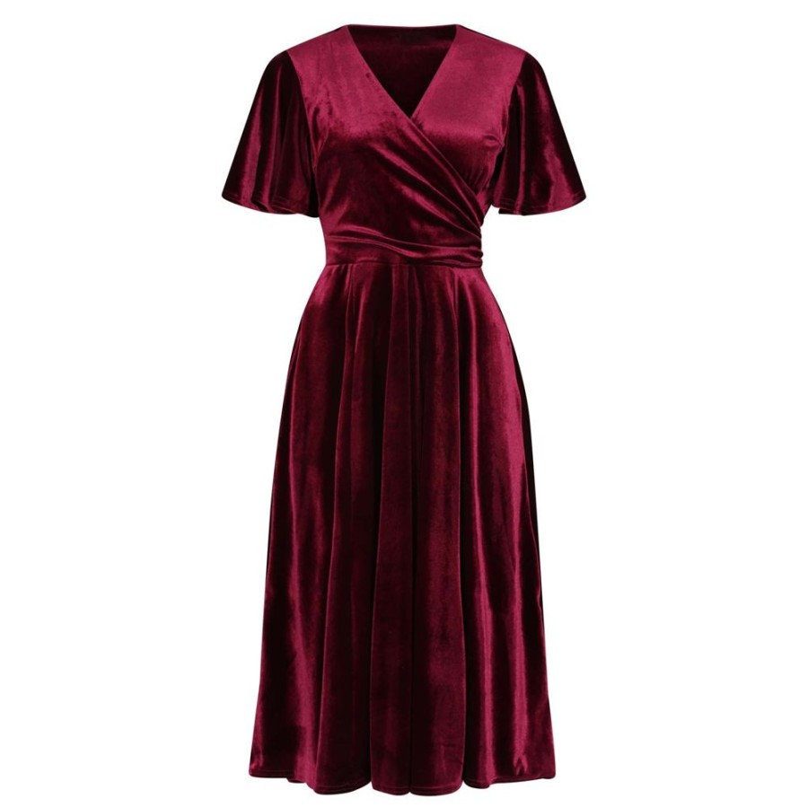 Pretty Kitty Fashion Claret Velour Waterfall Sleeve Crossover Wrap Effect Swing Dress | Party Dresses