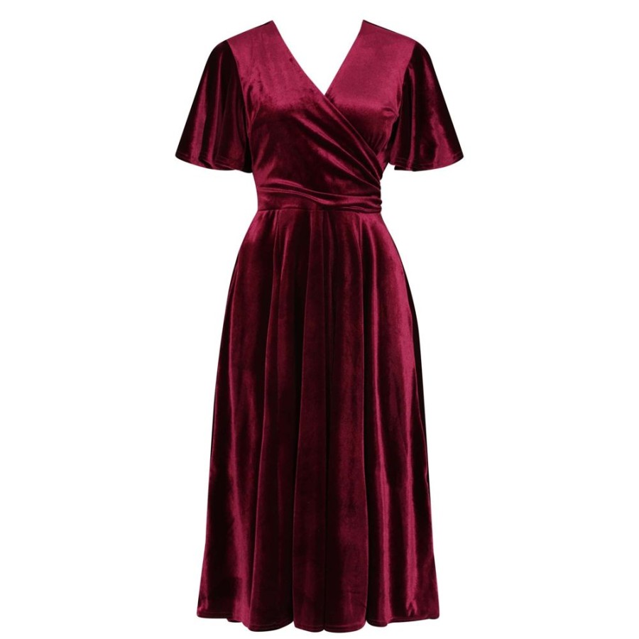 Pretty Kitty Fashion Claret Velour Waterfall Sleeve Crossover Wrap Effect Swing Dress | Party Dresses