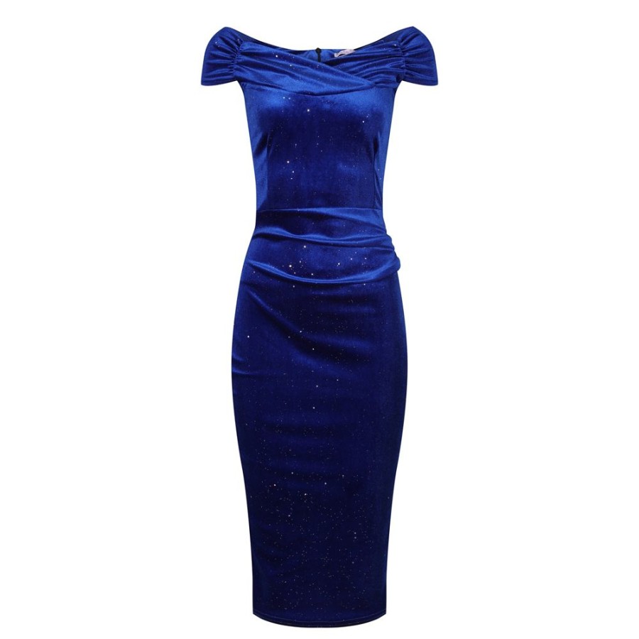 Pretty Kitty Fashion Blue Velour Sparkle Cap Sleeve Crossover Top Bardot Wiggle Dress | Pencil Dresses