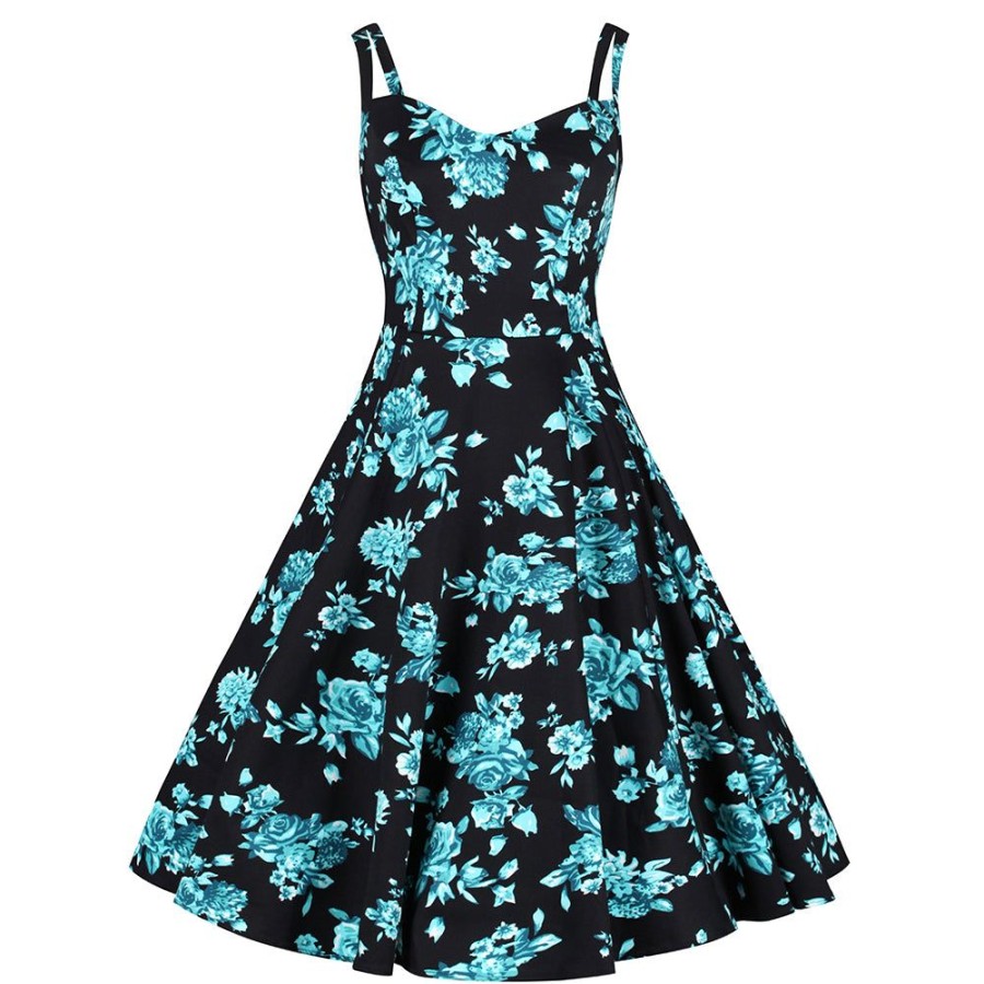 Hearts and Roses Black And Blue Floral Print Rockabilly 50S Swing Dress | Floral Dresses