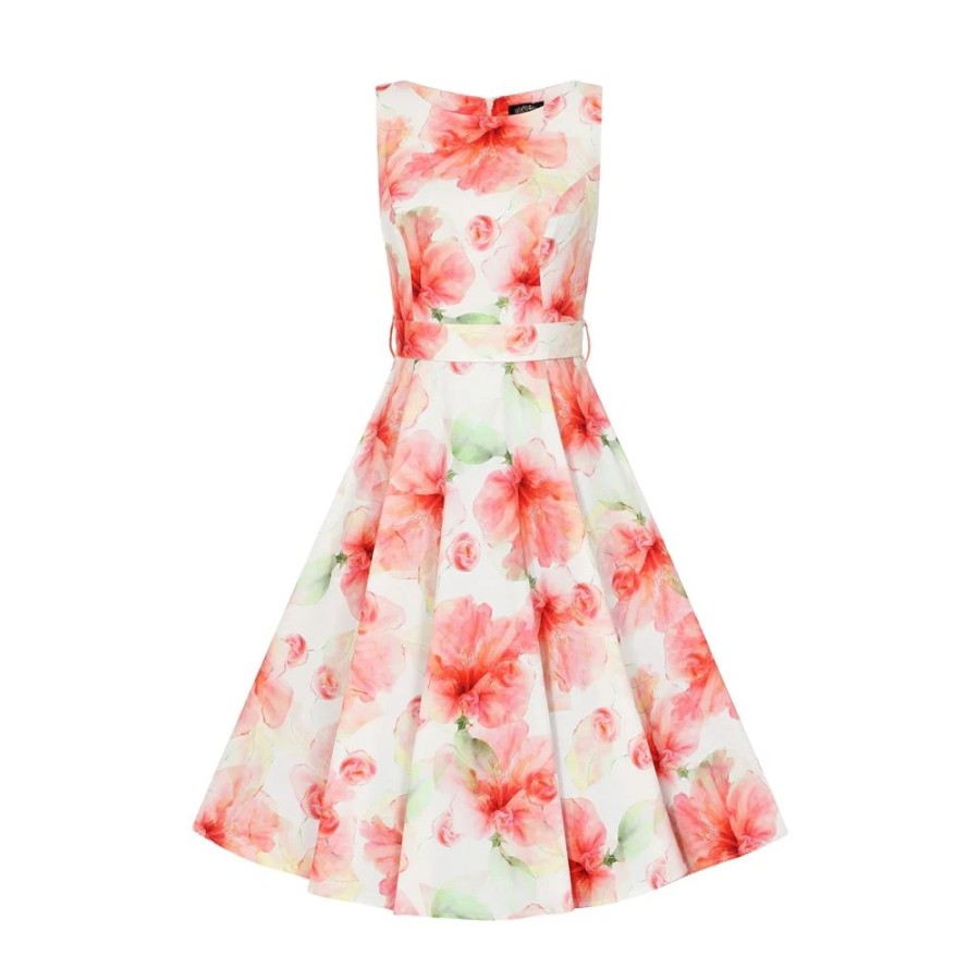 Hearts and Roses Delicate White Red Sleeveless Floral Print Swing Tea Dress | 50S Swing Dresses