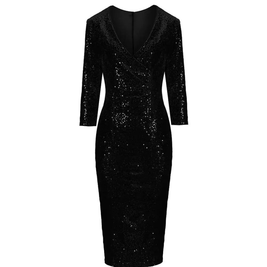 Pretty Kitty Fashion 3/4 Sleeve V Neck Velour Sequin Pencil Wiggle Dress | Velour Dresses