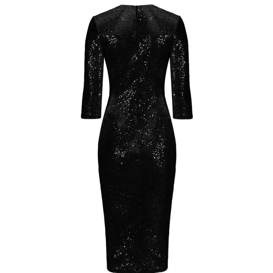 Pretty Kitty Fashion 3/4 Sleeve V Neck Velour Sequin Pencil Wiggle Dress | Velour Dresses