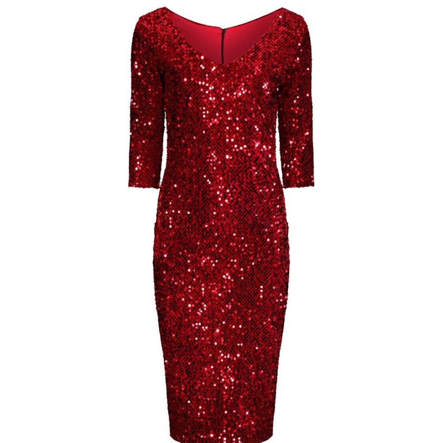 Pretty Kitty Fashion 3/4 Sleeve V Neck Velour Sequin Pencil Wiggle Party Dress | Velour Dresses