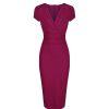 Pretty Kitty Fashion Amaranth Deep V Cap Sleeve Bodycon Ruched Waist Wiggle Dress | Wiggle Dresses