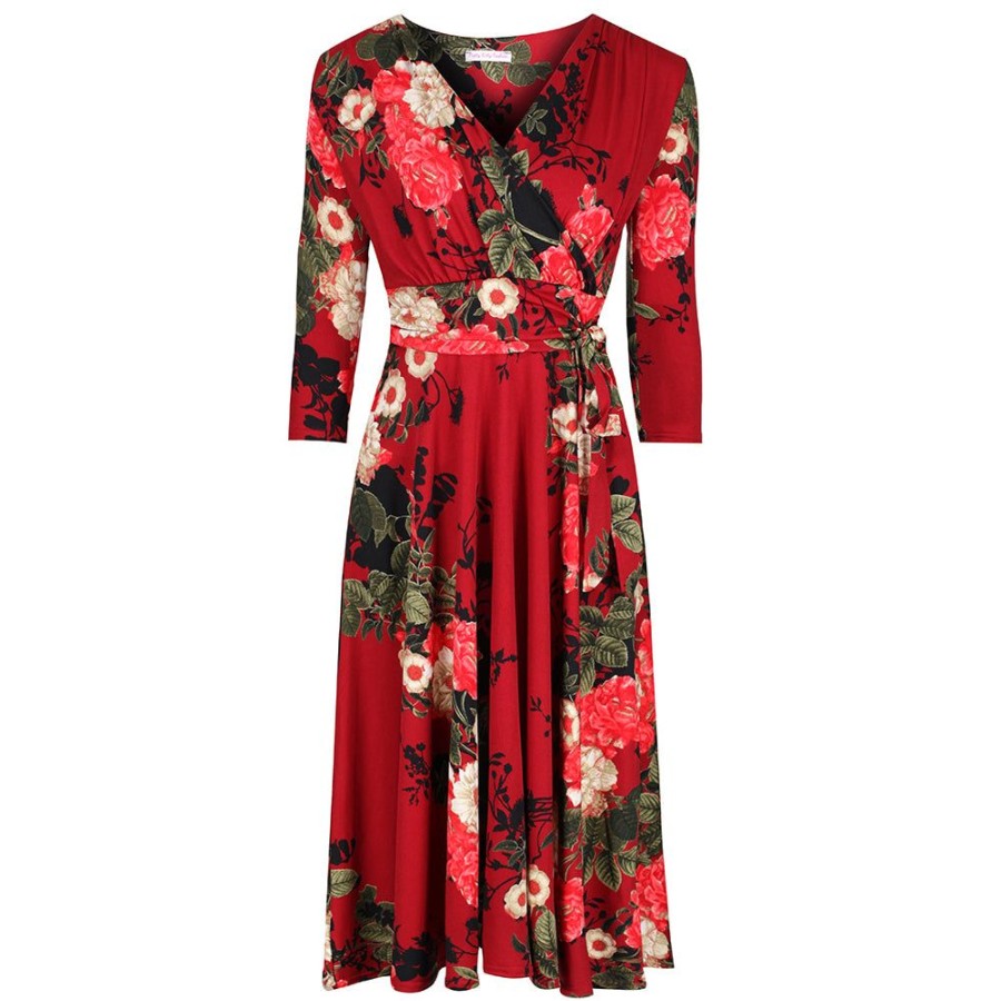 Pretty Kitty Fashion Wine Floral 3/4 Sleeve V Neck Crossover Top Empire Waist Swing Dre | Floral Dresses