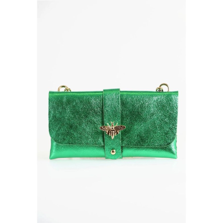 MSH Metallic Emerald Green Leather Clutch Bag With Gold Bee & Chain Strap | Bags & Purses