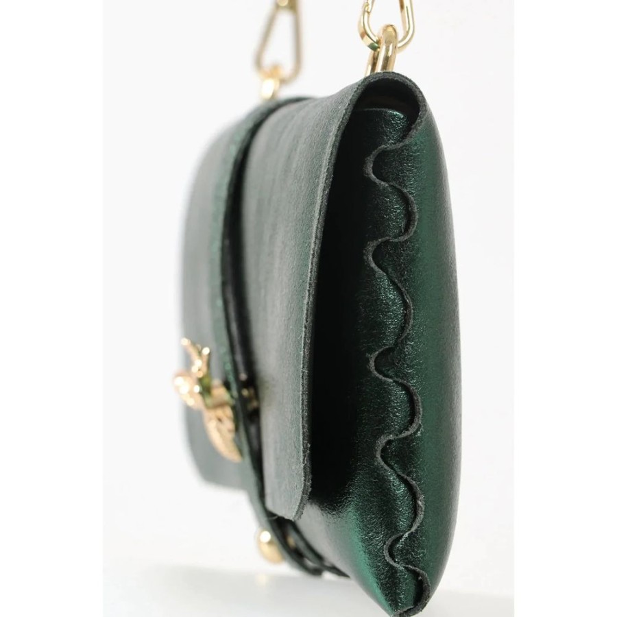 MSH Metallic Emerald Green Leather Clutch Bag With Gold Bee & Chain Strap | Bags & Purses