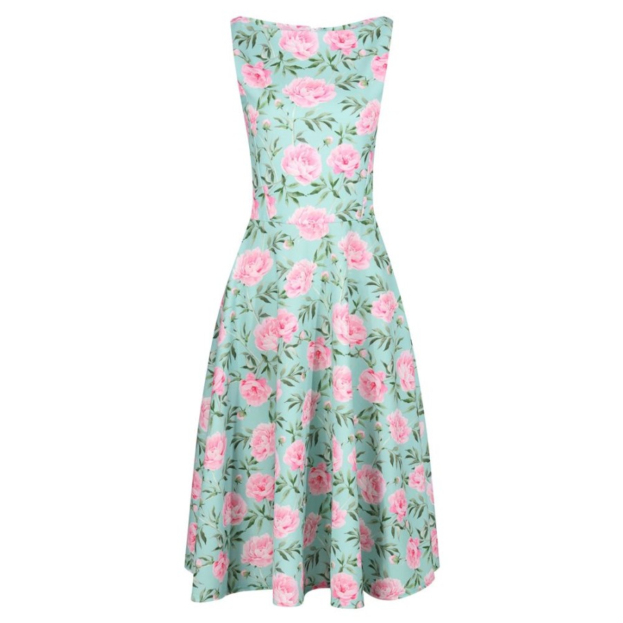 Pretty Kitty Fashion Mint And Pink Floral Print Audrey Style 1950S Swing Dress | 50S Swing Dresses