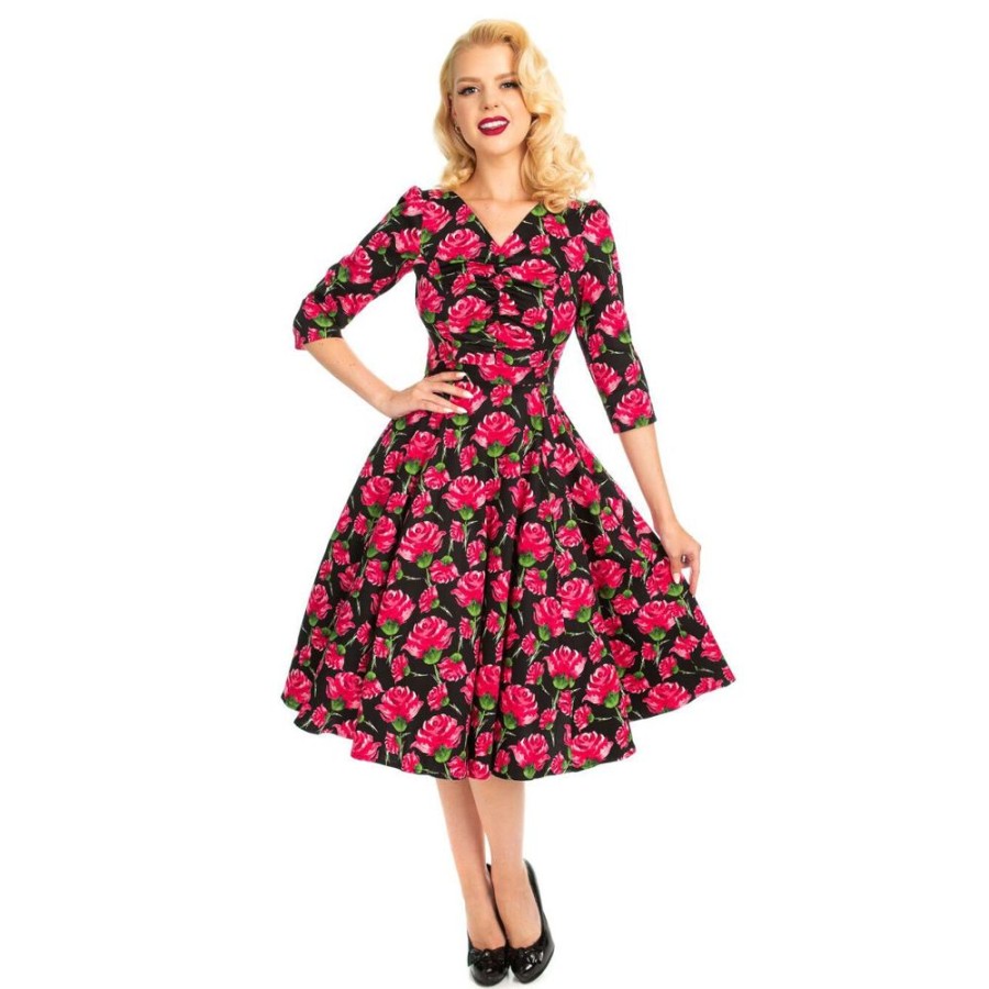 Pretty Kitty Fashion Vintage Red Rose Floral Print 3/4 Sleeve 50S Swing Dress | Floral Dresses