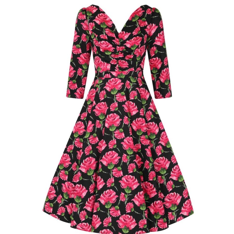 Pretty Kitty Fashion Vintage Red Rose Floral Print 3/4 Sleeve 50S Swing Dress | Floral Dresses