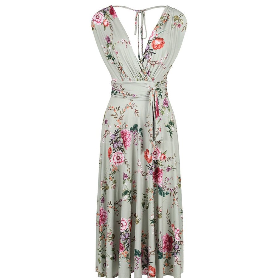 Pretty Kitty Fashion Sage Floral V Neck Crossover Top Empire Waist Swing Dress | Floral Dresses