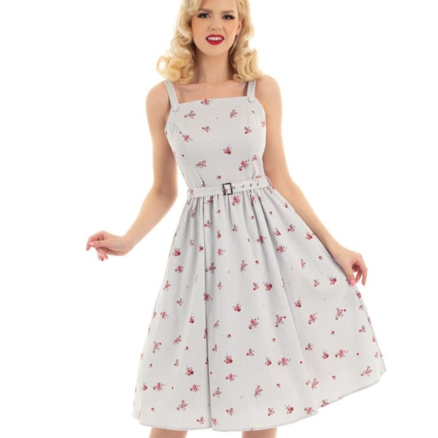 Pretty Kitty Fashion White Blue Grey Pin Stripe Floral Print Strappy Rockabilly 50S Swing D | Prom Dresses