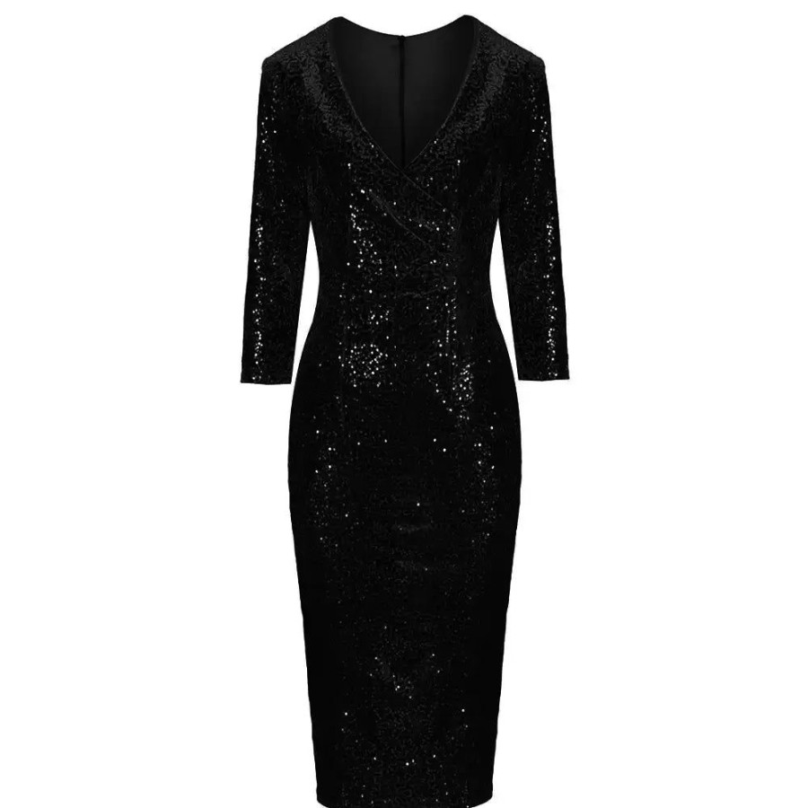 Pretty Kitty Fashion 3/4 Sleeve V Neck Velour Sequin Pencil Wiggle Dress | Party Dresses