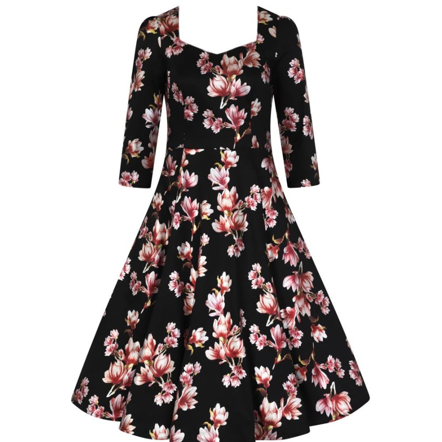 Pretty Kitty Fashion Gold Floral Print 3/4 Sleeve Sweetheart Neck 50S Swing Dress | Floral Dresses