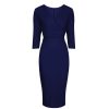 Pretty Kitty Fashion Vintage Navy Wrap Over Midi Pencil Dress | Wiggle Dresses