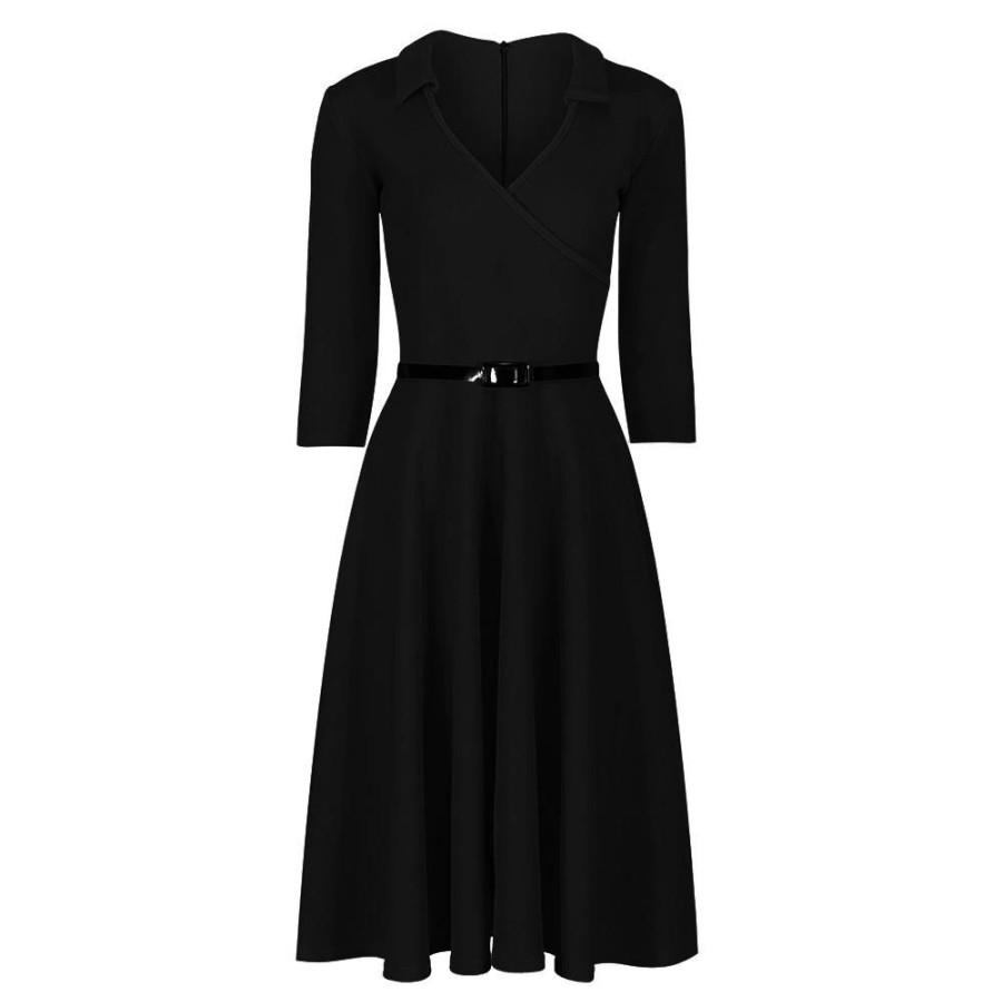 Pretty Kitty Fashion 3/4 Sleeve Collar Wrap Effect Swing Dress With Belt | Little Black Dresses