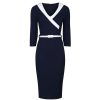 Pretty Kitty Fashion Navy V Neck Wrap Effect 3/4 Sleeve Midi Pencil Dress | Wiggle Dresses