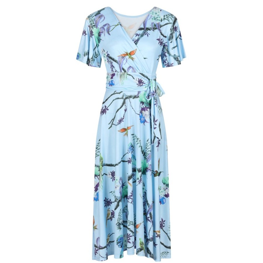 Pretty Kitty Fashion Floral Bird Print Cap Sleeve V Neck Wrap Top Swing Dress | Party Dresses