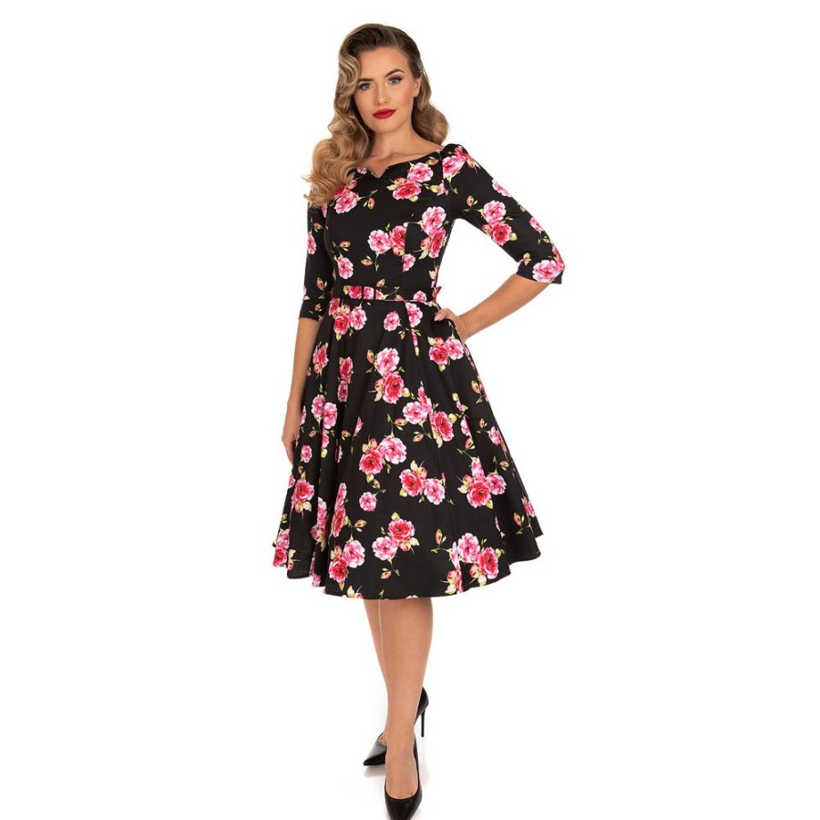 Pretty Kitty Fashion Pink Rose Floral Print 3/4 Sleeve 50S Swing Dress | 50S Swing Dresses