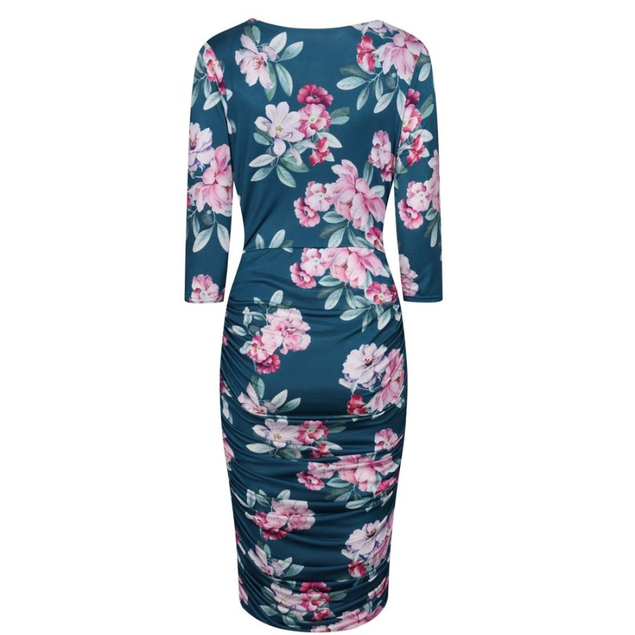 Pretty Kitty Fashion Floral Print 3/4 Sleeve Wrap Over Midi Dress | Pencil Dresses