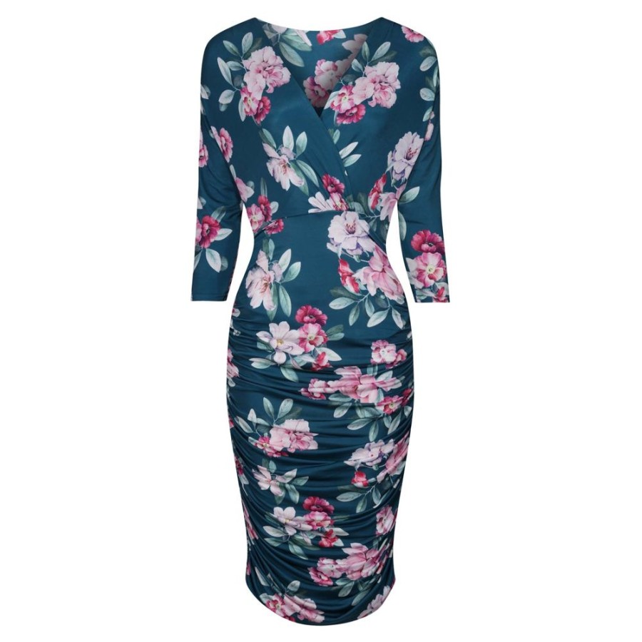 Pretty Kitty Fashion Floral Print 3/4 Sleeve Wrap Over Midi Dress | Floral Dresses