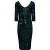 Pretty Kitty Fashion Emerald 3/4 Sleeve V Neck Velour Sequin Pencil Wiggle Party Dres | Velour Dresses