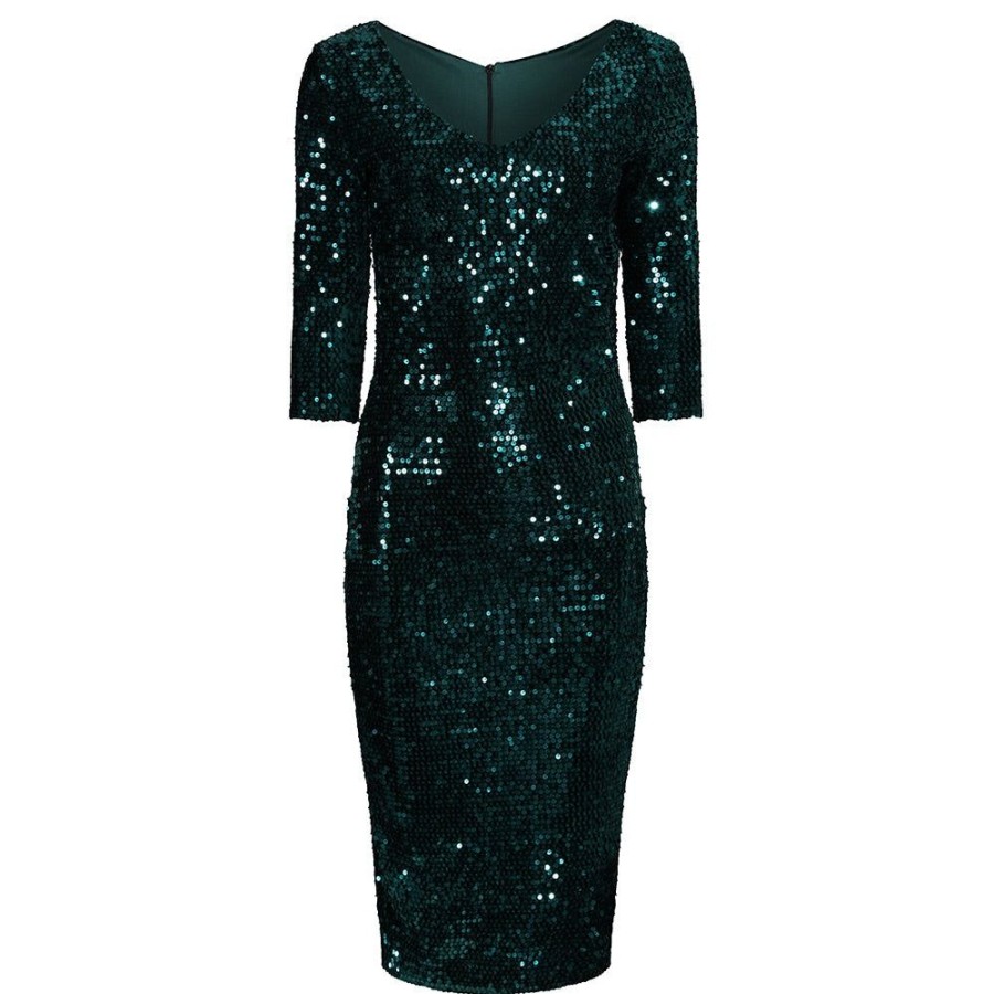 Pretty Kitty Fashion Emerald 3/4 Sleeve V Neck Velour Sequin Pencil Wiggle Party Dres | Velour Dresses