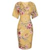 Pretty Kitty Fashion Mustard Floral Half Batwing Sleeve Crossover Top Pencil Dress | Floral Dresses