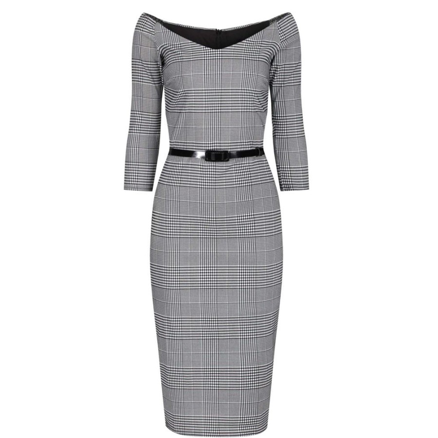 Pretty Kitty Fashion Black & White Check Vintage Belted 3/4 Sleeve Pencil Dress | Pencil Dresses