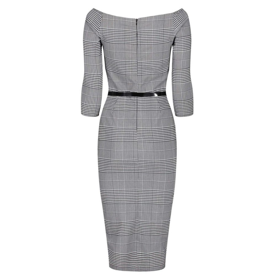 Pretty Kitty Fashion Black & White Check Vintage Belted 3/4 Sleeve Pencil Dress | Pencil Dresses