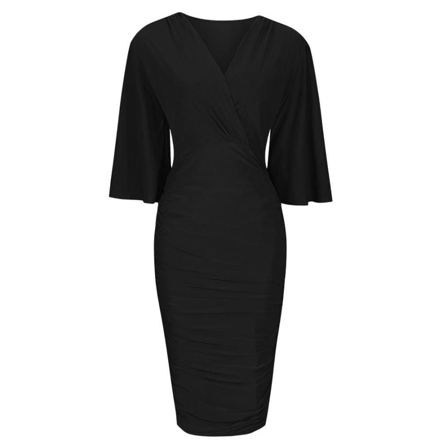 Pretty Kitty Fashion 3/4 Waterfall Sleeve Slinky Wrap Over Midi Dress | Little Black Dresses