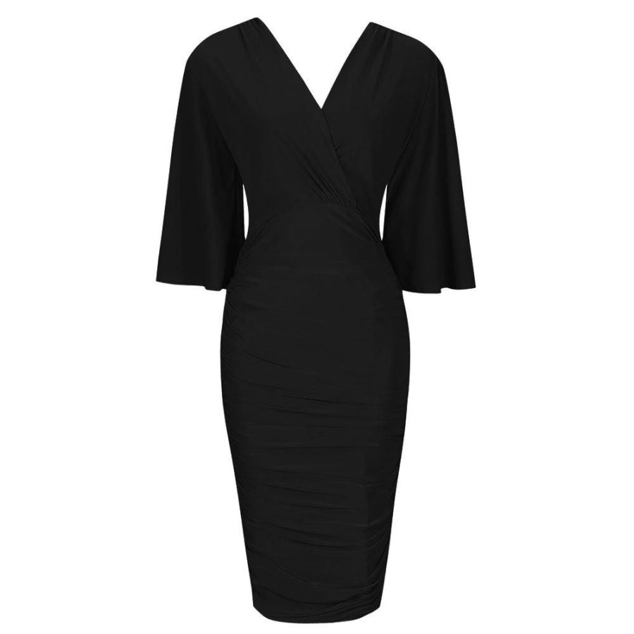 Pretty Kitty Fashion 3/4 Waterfall Sleeve Slinky Wrap Over Midi Dress | Little Black Dresses